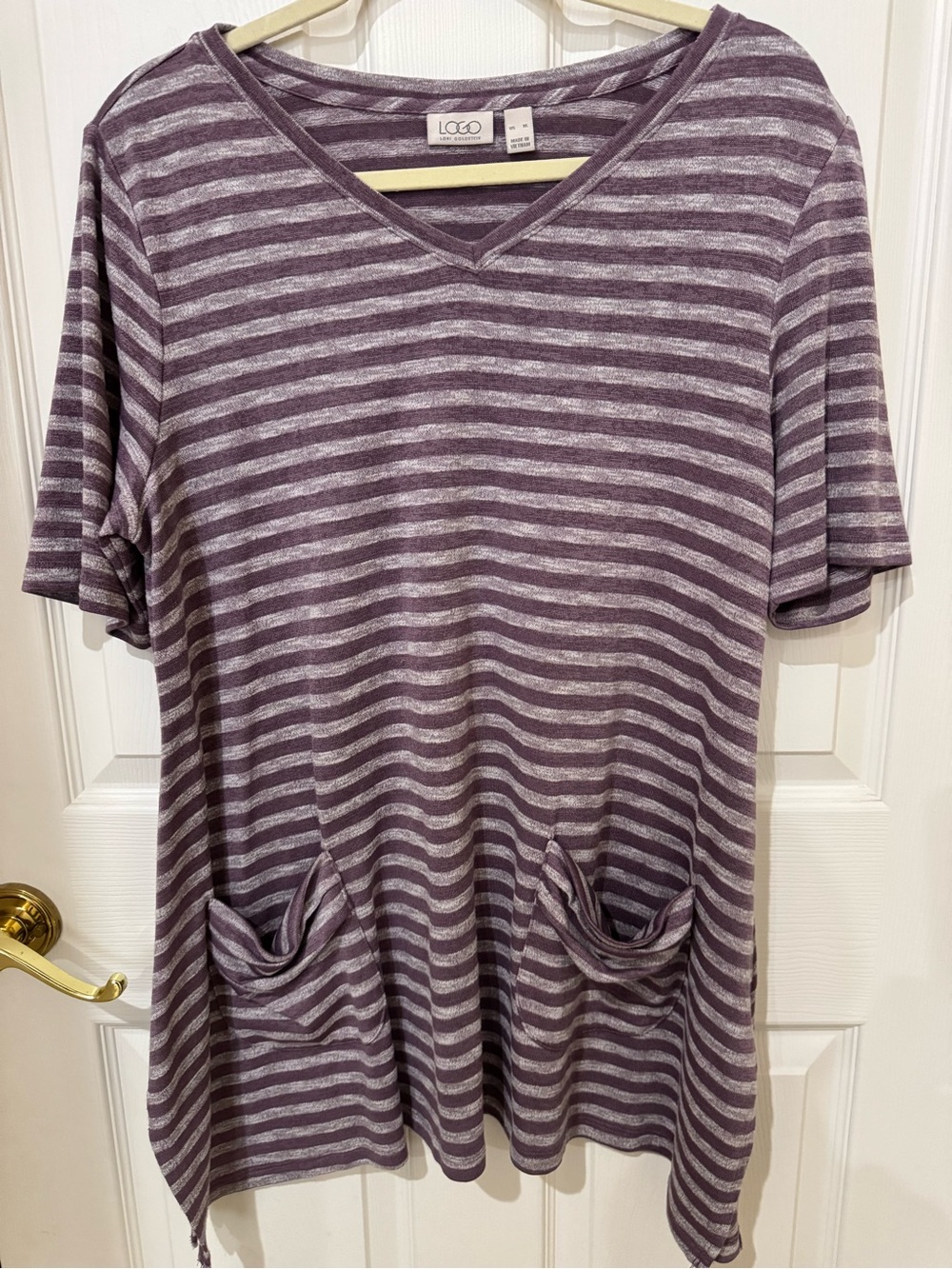 LOGO by Lori Goldstein Mauve and Light Gray Striped V-Neck Top